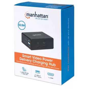 Manhattan Smart Video Multiport Dock, συνδέσεις (x5): θύρα HDMI, USB-A (x2), USB-C (x2), με Power Delivery στη θύρα USB-C, εσωτερική τροφοδοσία, εξαιρετικά συμπαγές, αποσπώμενο καλώδιο τροφοδοσίας, μαύρο, τρία χρόνια εγγύηση, συσκευασία λιανικής