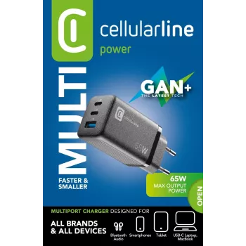 Cellularline Multipower Micro 65W υπερσυμπαγής φορτιστής ταχείας φόρτισης 65W με 3 υποδοχές