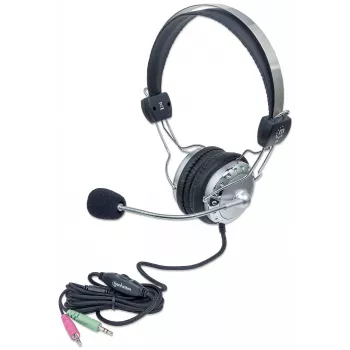 Manhattan Στερεοφωνικό ακουστικό over-ear (3,5 mm), επενδεδυμένο βραχίονα μικροφώνου, ρυθμιζόμενο χαλύβδινο κεφαλόδεσμο, ενσωματωμένο έλεγχο έντασης, μαξιλαράκια αυτιών, τυπικά 2x 3,5 mm στερεοφωνικά βύσματα jack για ήχο/μικρόφωνο, καλώδιο 2,5 m, 3 χρόνια εγγύηση