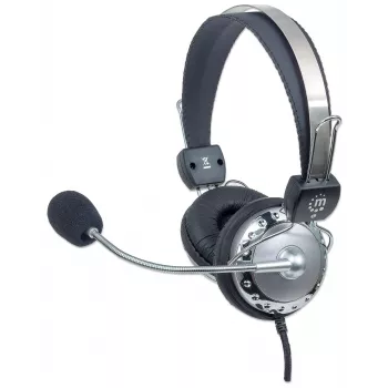 Manhattan Στερεοφωνικό ακουστικό over-ear (3,5 mm), επενδεδυμένο βραχίονα μικροφώνου, ρυθμιζόμενο χαλύβδινο κεφαλόδεσμο, ενσωματωμένο έλεγχο έντασης, μαξιλαράκια αυτιών, τυπικά 2x 3,5 mm στερεοφωνικά βύσματα jack για ήχο/μικρόφωνο, καλώδιο 2,5 m, 3 χρόνια εγγύηση