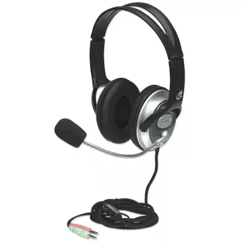 Manhattan Στερεοφωνικό ακουστικό over-ear (3,5 mm), βραχίονας μικροφώνου (επενδεδυμένος), ρυθμιζόμενος χαλύβδινος κεφαλόδεσμος, τηλεχειριστήριο καλωδίου για έλεγχο έντασης, μαξιλαράκια αυτιών, τυπικά 2x 3,5 mm στερεοφωνικά βύσματα jack για ήχο/μικρόφωνο, καλώδιο 2,5 m, 3 χρόνια εγγύηση