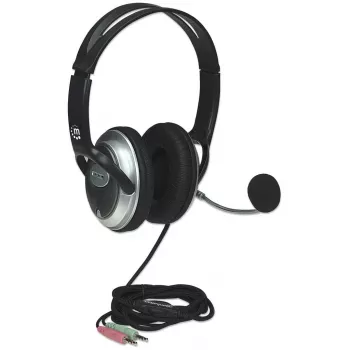 Manhattan Στερεοφωνικό ακουστικό over-ear (3,5 mm), βραχίονας μικροφώνου (επενδεδυμένος), ρυθμιζόμενος χαλύβδινος κεφαλόδεσμος, τηλεχειριστήριο καλωδίου για έλεγχο έντασης, μαξιλαράκια αυτιών, τυπικά 2x 3,5 mm στερεοφωνικά βύσματα jack για ήχο/μικρόφωνο, καλώδιο 2,5 m, 3 χρόνια εγγύηση