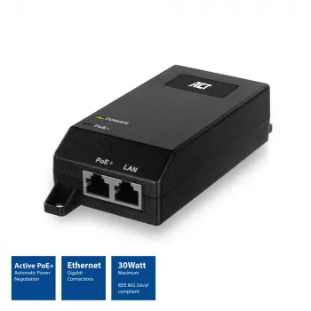 ACT Gigabit PoE+ (30W) Injector, Gigabit Ethernet, 10,100,1000 Mbit/s, IEEE 802.3, IEEE 802.3ab, IEEE 802.3af, IEEE 802.3at, IEEE 802.3u, Μαύρο, 30 V, 100 - 240 V