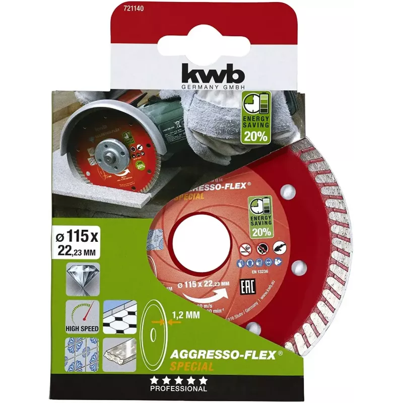 kwb 721140 Δίσκος κοπής για πέτρα, σκυρόδεμα, γρανίτη, μάρμαρο, κεραμικά και πλακάκια, 115 mm, 2,2 cm, πορτοκαλί/κόκκινο