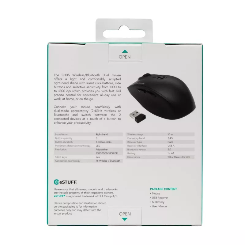 eSTUFF GLB214002 ποντίκι γραφείου δεξιόχειρο RF Wireless + Bluetooth IR-LED 1800 DPI