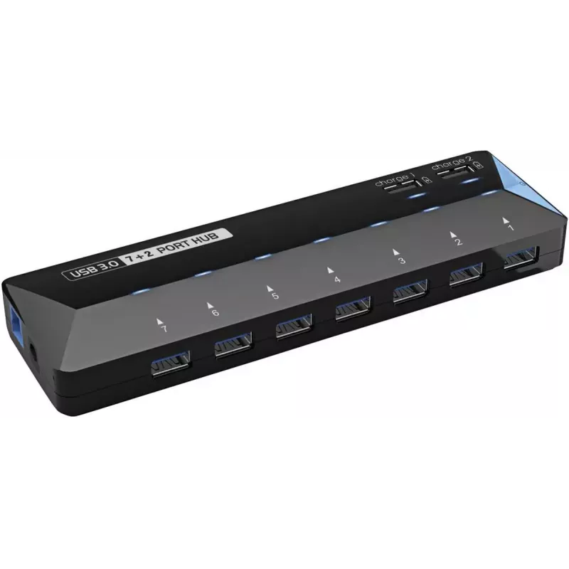 Renkforce 1268678 διανομέας USB 3.0 7+2 θυρών με θύρα γρήγορης φόρτισης, LED κατάστασης, μαύρο