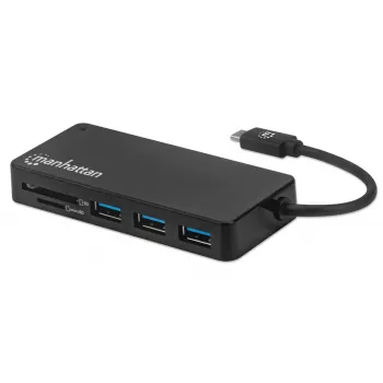 Manhattan USB-C Dock/Hub με αναγνώστη καρτών, θύρες (x3): USB-A (x3), 5 Gbit/s (USB 3.2 Gen1 γνωστό και ως USB 3.0), Δεν απαιτείται εξωτερική τροφοδοσία, Καθολικό για όλες τις συσκευές, SuperSpeed USB, Μαύρο, Τριετής εγγύηση