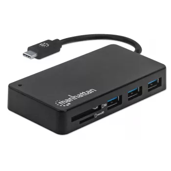Manhattan USB-C Dock/Hub με αναγνώστη καρτών, θύρες (x3): USB-A (x3), 5 Gbit/s (USB 3.2 Gen1 γνωστό και ως USB 3.0), Δεν απαιτείται εξωτερική τροφοδοσία, Καθολικό για όλες τις συσκευές, SuperSpeed USB, Μαύρο, Τριετής εγγύηση