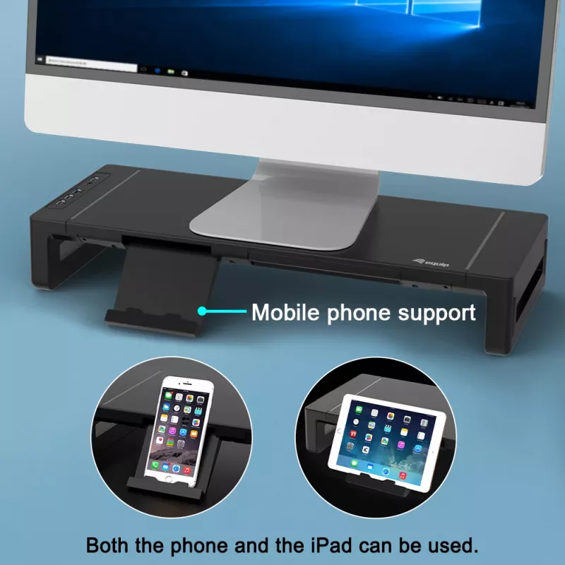 Βάση οθόνης EQUIP εργονομική βάση οθόνης με USB (USB-A x4, USB-C x1), ελεύθερη τοποθέτηση, 25 kg, μαύρο