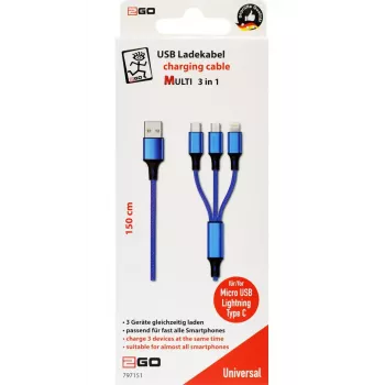Καλώδιο USB 2GO 797151 1,5 m USB-B USB-C/Micro-USB-B/Lightning μαύρο μπλε