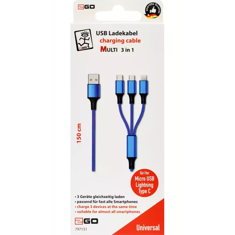 Καλώδιο USB 2GO 797151 1,5 m USB-B USB-C/Micro-USB-B/Lightning μαύρο μπλε
