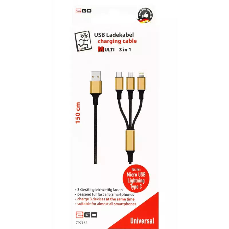 Καλώδιο USB 2GO 797152 3m USB B USB C/Micro-USB B/Lightning μαύρο χρυσό