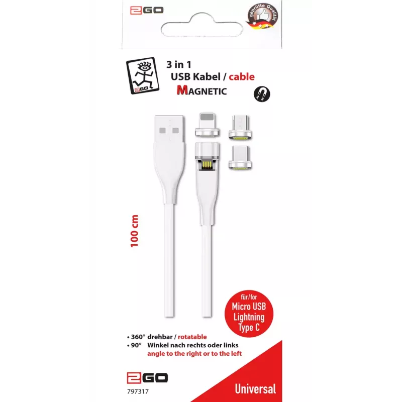 Καλώδιο USB 2GO 797317 1m USB B USB C/Micro-USB B/Lightning λευκό