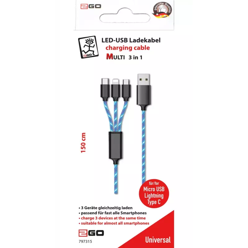Καλώδιο USB 2GO 797315 1,5m USB B USB C/Micro-USB B/Lightning μαύρο μπλε