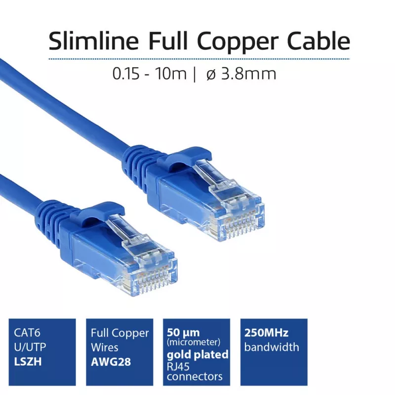ACT μπλε 0,15 μέτρα LSZH U/UTP CAT6 καλώδιο patch slimline datacenter snagless με βύσματα RJ45