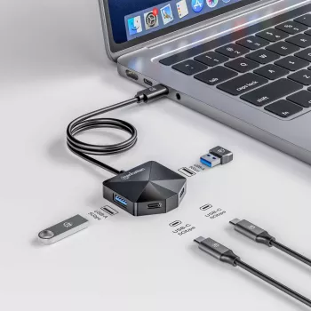 Manhattan Θύρα Σύνδεσης Combo USB-C & USB-A/Dock, Θύρες (4): USB-A (x2) και USB-C (x2), 5 Gbit/s (USB 3.2 Gen1 γνωστό και ως USB 3.0), Γωνιακή Μορφή για Εύκολη Πρόσβαση στις Θύρες, Τροφοδοσία USB (δεν απαιτείται εξωτερικό τροφοδοτικό)