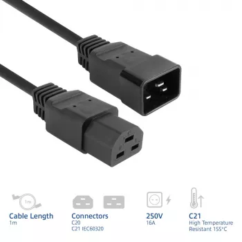 Καλώδιο ρεύματος ACT C20–C21 IEC60320 μαύρο 1 m, 250 V 16 A