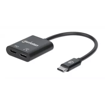 Manhattan Αντάπτορας ήχου USB-C σε USB-C και USB-C (με Power Delivery), Μαύρο, 480 Mbit/s (USB 2.0), καλώδιο 11cm, με Power Delivery στη θύρα USB-C (60W), τρία χρόνια εγγύηση