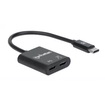 Manhattan Αντάπτορας ήχου USB-C σε USB-C και USB-C (με Power Delivery), Μαύρο, 480 Mbit/s (USB 2.0), καλώδιο 11cm, με Power Delivery στη θύρα USB-C (60W), τρία χρόνια εγγύηση