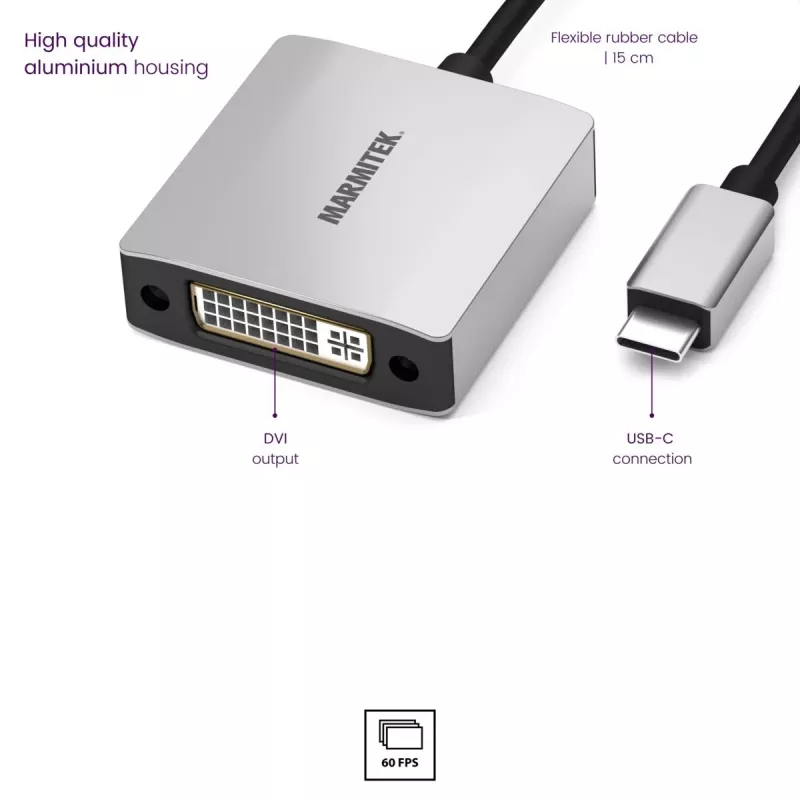 Marmitek 08372 προσαρμογέας βίντεο USB-C σε DVI, 0,15 m, μαύρος/ασημί