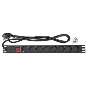 Intellinet 19 inch 1HE Rackmount Μονάδα Διανομής Ισχύος (PDU) 8 θέσεων, υποδοχές EU CEE 7/3, ενσωματωμένο καλώδιο τροφοδοσίας 2m με βύσμα EU CEE 7/7, 16 A, διακόπτης on/off, οριζόντια τοποθέτηση, αλουμίνιο, μαύρο
