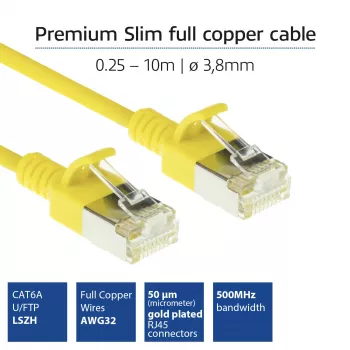 Καλώδιο patch ACT Κίτρινο 0,25 μέτρα LSZH U/FTP CAT6A Slimline κέντρου δεδομένων χωρίς προεξοχές με βύσματα RJ45