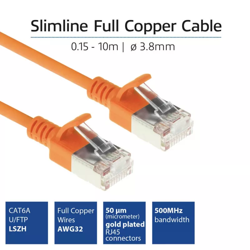 ACT Orange 10 m LSZH U/FTP CAT6A Datacenter Slimline καλώδιο patch, χωρίς γλωττίδες με βύσματα RJ45