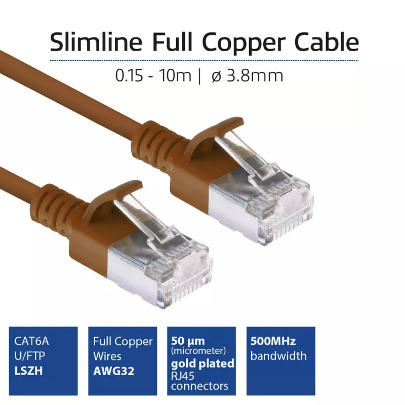 ACT καφέ 3 μέτρα LSZH U/FTP CAT6A Slimline patch καλώδιο κέντρου δεδομένων με βύσματα RJ45