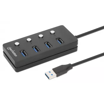 Manhattan USB-C Dock/Hub, θύρες (x4) με διακόπτη on/off για κάθε θύρα: USB-A (x4), 5 Gbps (USB 3.2 Gen1 γνωστό και ως USB 3.0), καθολικό για όλες τις συσκευές, τροφοδοσία bus ή AC (προαιρετική σύνδεση, δεν περιλαμβάνεται), καλώδιο 1,5 m, SuperSpeed USB, μαύρο, τρία χρόνια εγγύηση