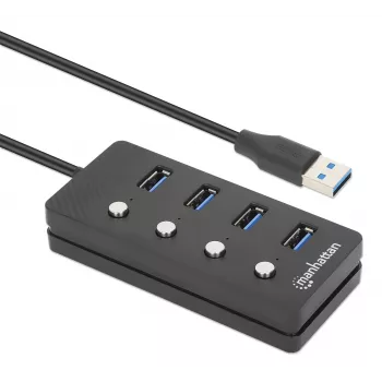 Manhattan USB-C Dock/Hub, θύρες (x4) με διακόπτη on/off για κάθε θύρα: USB-A (x4), 5 Gbps (USB 3.2 Gen1 γνωστό και ως USB 3.0), καθολικό για όλες τις συσκευές, τροφοδοσία bus ή AC (προαιρετική σύνδεση, δεν περιλαμβάνεται), καλώδιο 1,5 m, SuperSpeed USB, μαύρο, τρία χρόνια εγγύηση