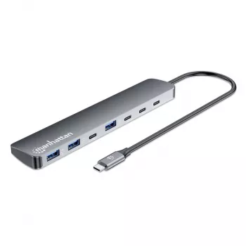 Manhattan USB-C Dock/Hub, Θύρες (x7): USB-A (x3) και USB-C (x4), με Power Delivery (PD) 100 W – απαιτείται εξωτερικός φορτιστής USB-C (δεν περιλαμβάνεται). Τροφοδοσία USB (δεν απαιτείται εξωτερικό τροφοδοτικό) όταν δεν χρησιμοποιείται PD, αλουμίνιο
