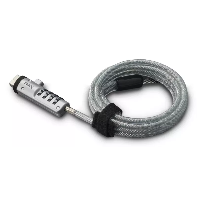 Hama 00126821 κλειδαριά USB για φορητό υπολογιστή, με συνδυασμό 4 ψηφίων, ανθρακούχος χάλυβας, ασημί