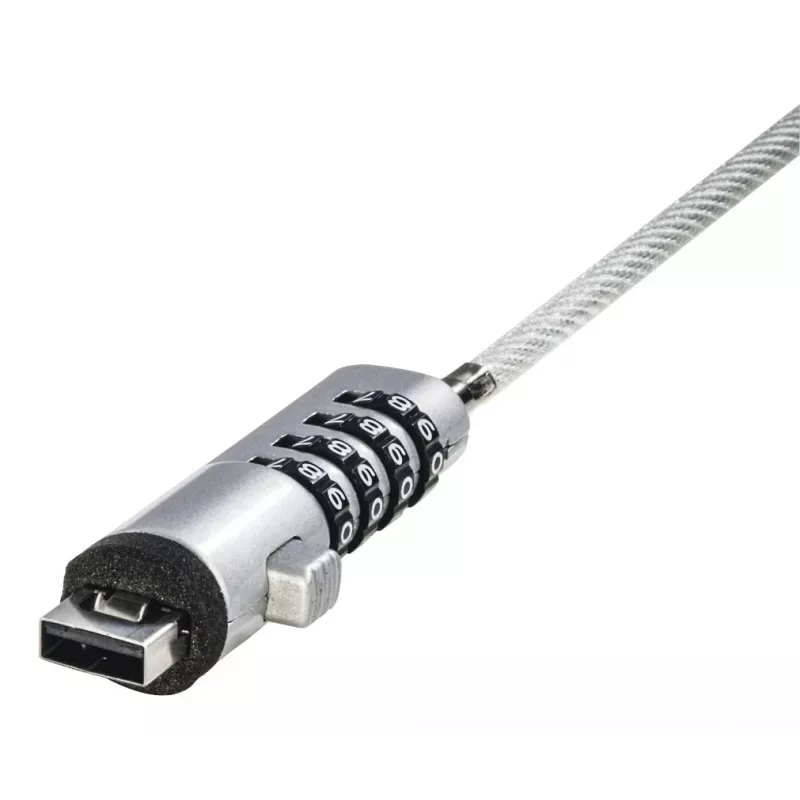 Hama 00126821 κλειδαριά USB για φορητό υπολογιστή, με συνδυασμό 4 ψηφίων, ανθρακούχος χάλυβας, ασημί