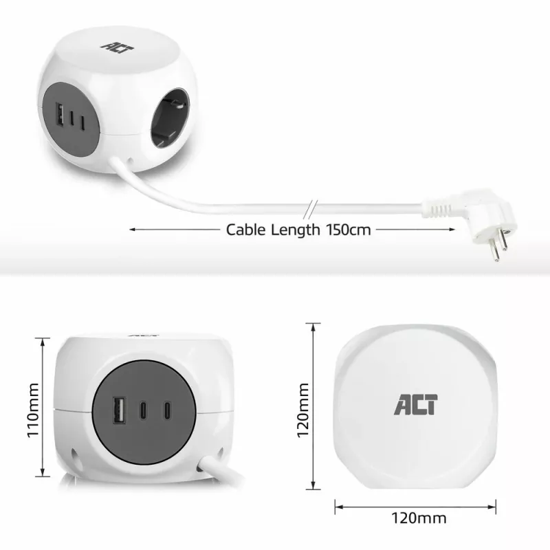 ACT AC2420 προέκταση ρεύματος 1,5 m 3 πρίζες AC εσωτερικού χώρου λευκό
