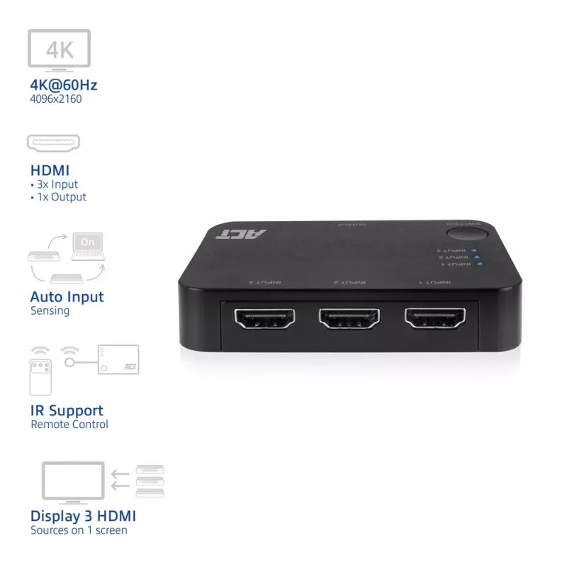 ACT διακόπτης HDMI 4K 3x1 μαύρο 60Hz 1920x1080 3840x2160