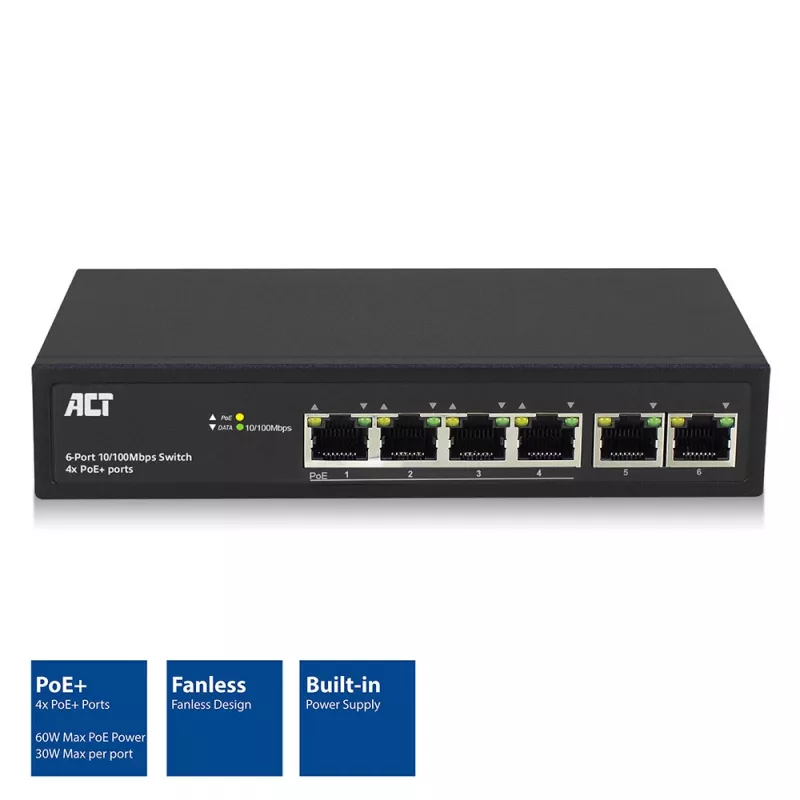 ACT διακόπτης δικτύου 6 θυρών, 10/100 Mbit/s, 4x θύρες PoE+ (30 W)