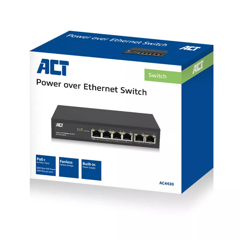 ACT διακόπτης δικτύου 6 θυρών, 10/100 Mbit/s, 4x θύρες PoE+ (30 W)