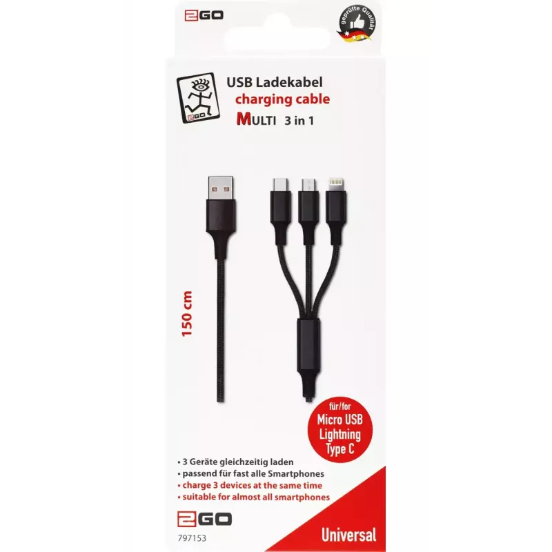 Καλώδιο USB 2GO 797153 1,5 m USB-B σε USB-C/Micro-USB-B/Lightning μαύρο