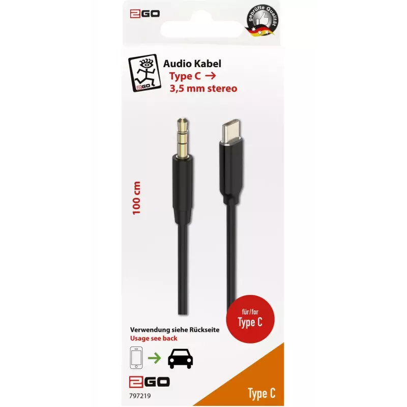 Καλώδιο ήχου 2GO 797219 1m 3,5mm USB Type-C μαύρο