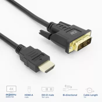 ACT AK3734 Αντάπτορας καλωδίου βίντεο 1 m HDMI Type-A (Standard) DVI-D μαύρο