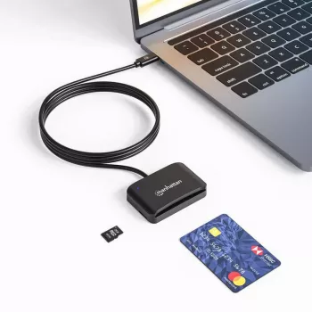 Manhattan αναγνώστης καρτών επαφής USB-C με υποδοχή MicroSD, βύσμα USB Type-C αρσενικό σε διεπαφή αναγνώστη επαφής και microSDXC, υποστηρίζει Windows, macOS και Linux, διαβάζει κάρτες SIM με αντάπτορα, καλώδιο 1 m, μαύρο, τρία χρόνια εγγύηση
