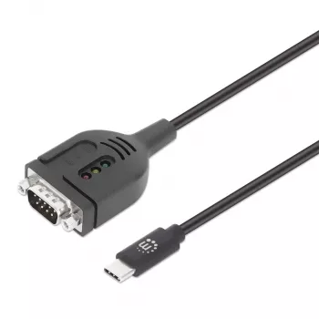 Manhattan καλώδιο μετατροπέα USB-C σε σειριακό, 1m, βύσμα αρσενικό σε βύσμα αρσενικό, Σειριακό/RS232/COM/DB9, chip Prolific PL2303GT, μαύρο καλώδιο, τρία χρόνια εγγύηση