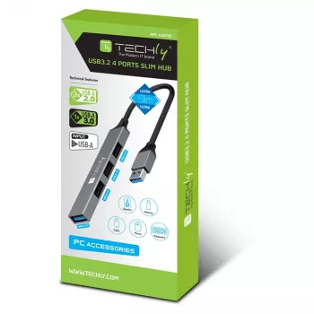 Techly IUSB32-HUB4A-3U2SLS Βάση φορητού υπολογιστή/πολλαπλασιαστής θυρών Ενσύρματο USB 3.2 Gen 1 (3.1 Gen 1) Type-A γκρι