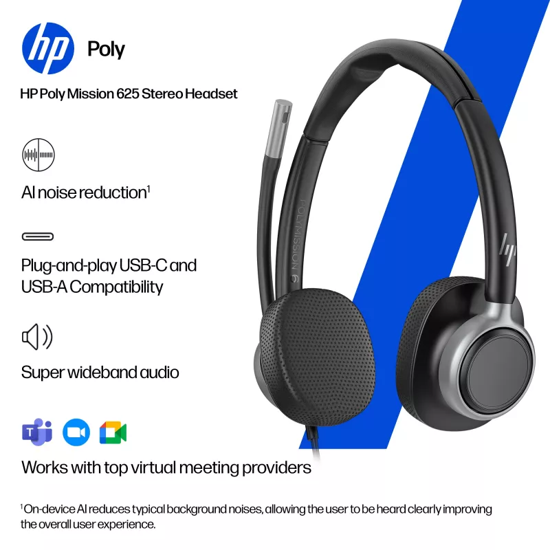 Ενσύρματο στερεοφωνικό USB headset HP Poly Mission 625 — over-ear, 147 g, σύνδεση USB (Bulk)