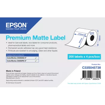 Epson C33S045738 Premium ματ κομμένες ετικέτες A4 (210 x 297 mm), μόνιμη ακρυλική κόλλα, Λευκό υψηλής φωτεινότητας