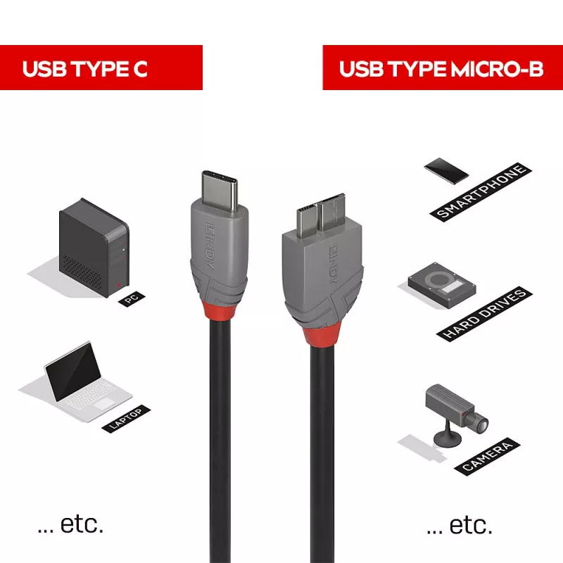 Lindy 1m Καλώδιο USB 3.2 τύπου C σε Micro-B, Anthra Line, 1 m, USB C, Micro-USB B, USB 3.2 Gen 1 (3.1 Gen 1), Μαύρο