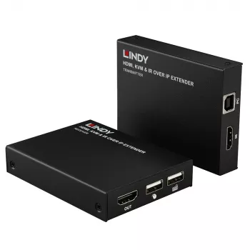 Lindy HDMI, KVM & IR over IP Extender, Πομπός & Δέκτης, Ενσύρματο, 150 m, Cat5e, Cat6, μαύρο, Μέταλλο