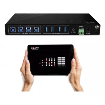 Lindy 4x4 USB 3.2 Gen 1 matrix switch, 5 Gbit/s, μαύρο, μέταλλο, περιστροφικός διακόπτης, CE, FCC, RoHS & REACH, USB Type-A, USB Type-B