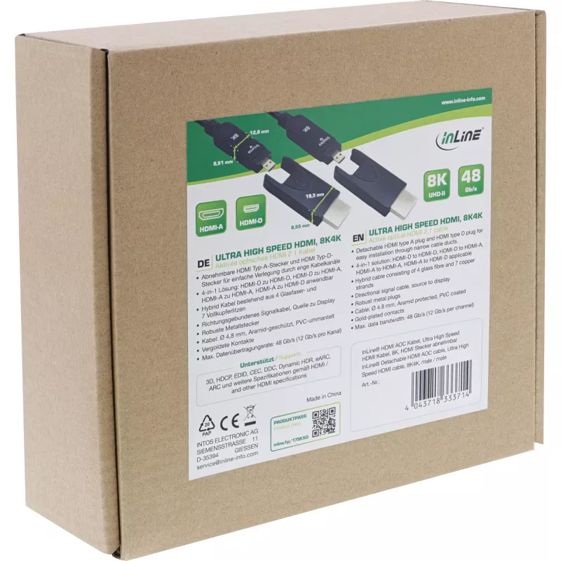 InLine Καλώδιο HDMI AOC, Ultra High Speed HDMI, 8K4K, αποσπώμενο βύσμα, 20m