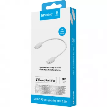 Sandberg USB-C PD σε Lightning MFI 0.2M, 0,2 m, Lightning, USB C, Βύσμα αρσενικό, Βύσμα αρσενικό, Λευκό